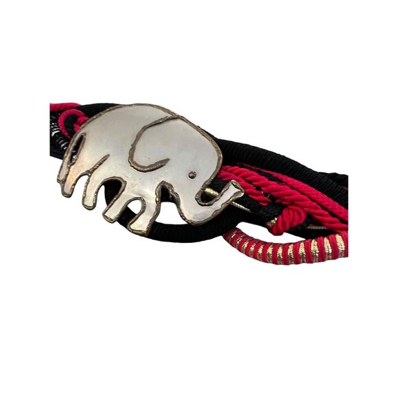 Vintage 80s Braided Belt Black Red Metallic Gold Satin Rope Adjustable Elephant - Picture 1 of 7